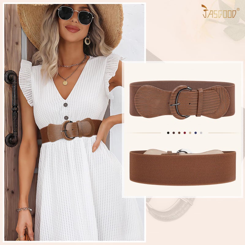 JASGOOD Women Stretchy Wide Waist Belt for Dress Ladies Elastic Belt Hook Buckle (Suit for Size 26-30 Inches,B-Brown) - Image 2